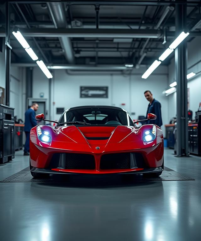 The pristine and modern Samudra Kraft workshop with a car on a lift.